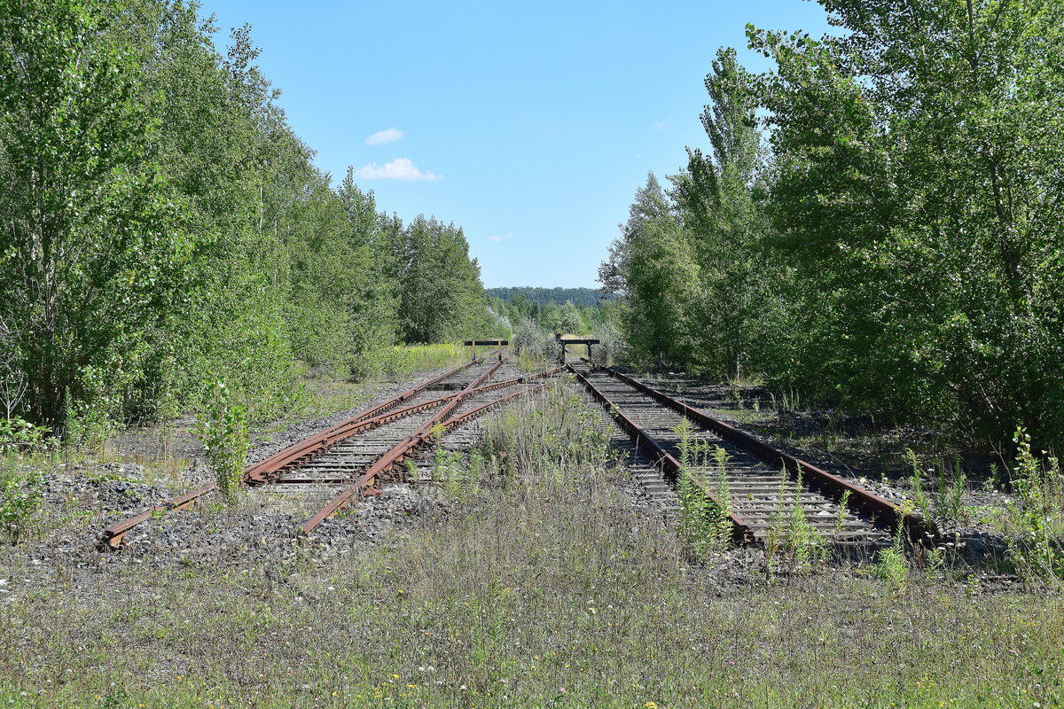 Ende der beiden Anschlussgleise. In Braunsbedra umweit des Bahnhofes gab es bis Ende der 90er Jahre die Mineralölwerke Lützkendorf. Heute zeugen nur noch die alten Wege sowie einzelne Gleisanlagen und einzelne Gebäuderuinen von der einstigen Raffinerie. 2 lange Abstellgleise liegen bis heute und könnten mit wenig Aufwand auch wieder genutz werden. 

Braunsbedra 14.08.2021