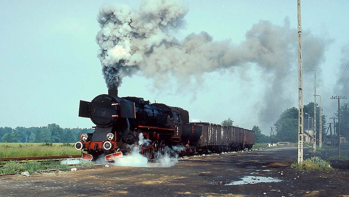 Ende Mai 1990 holt die Ty42-87 einige Güterwagen aus dem Bahnhof Keblowo ab