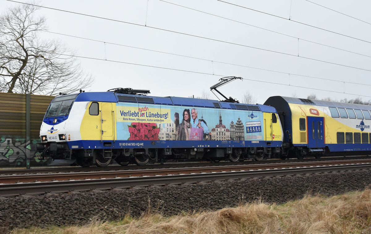 Endlich habe ich mal die ME 146-02  Verliebt in/nach Lüneburg  des Metronoms besser erwischt, unterwegs als RB31 nach Lüneburg. Höhe Bardowick, 26.03.2018