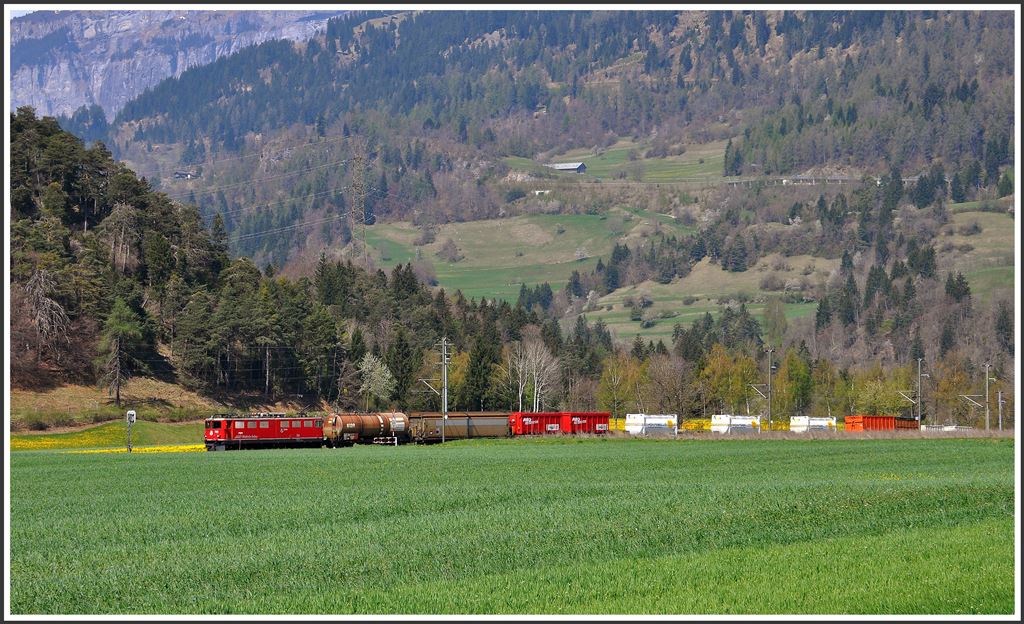 Engadiner Güterzug mit der Ge 6/6 II 701  Raetia  zwischen Reichenau-Tamins und Bonaduz. (23.04.2015)