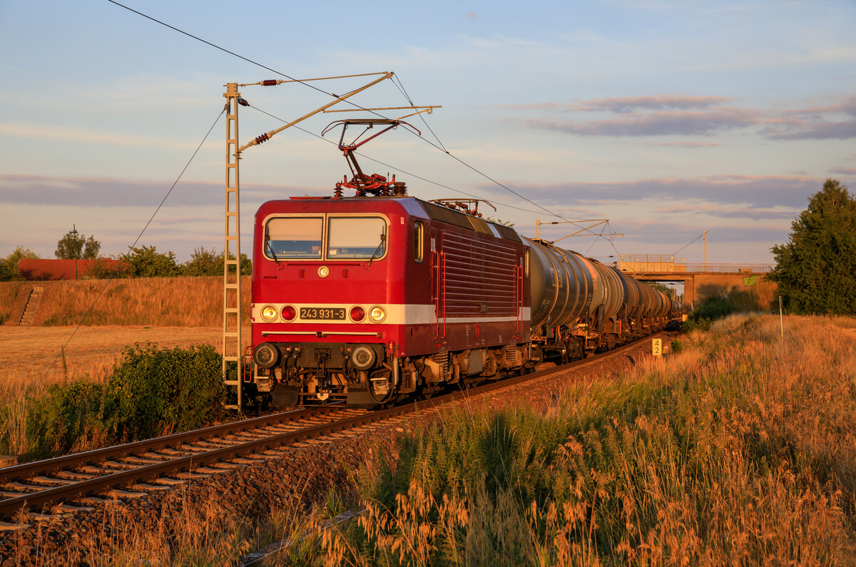 Entgegen den letzten Sonnenstrahlen des 07.08.2022, verließ DeltaRail mit der 243 931 und einem Kesselzug den Bahnhof von Stendell gen Frankfurt Oderbrücke.
