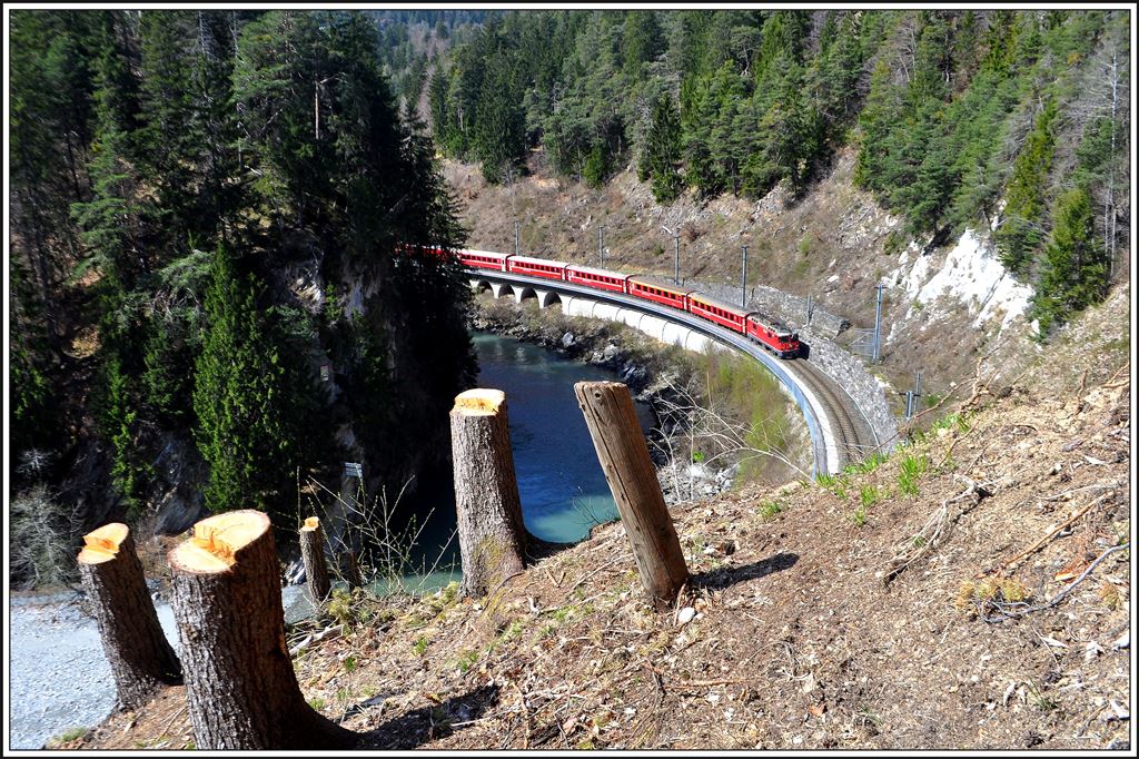 Entlang des Vorderrheins wird entlang der RhB Strecke stark ausgeholzt, wodurch neue Fotostandpunkte entstehen. RE1245 mit Ge 4/4 II 627  Reichenau-Tamins  in der Hochwasserkurve bei Trin. (02.04.2014)