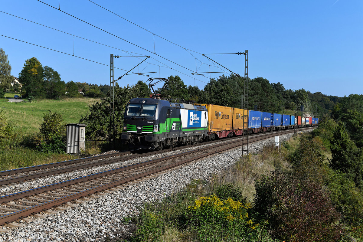 Entlang der KBS 880 finden sich noch einige gut erhaltene - aber inzwischen nicht mehr in Funktion befindliche - F-Buden aus Wellblech. So auch in der Nähe von Laaber. Am 15. September 2020 passierte die für die Wiener Lokalbahn Cargo im Einsatz stehende 193 236 mit dem Containerzug DGS 41152 von Budapest Soroksar Terminal nach Rheinhausen das Relikt aus Bundesbahnzeiten. 