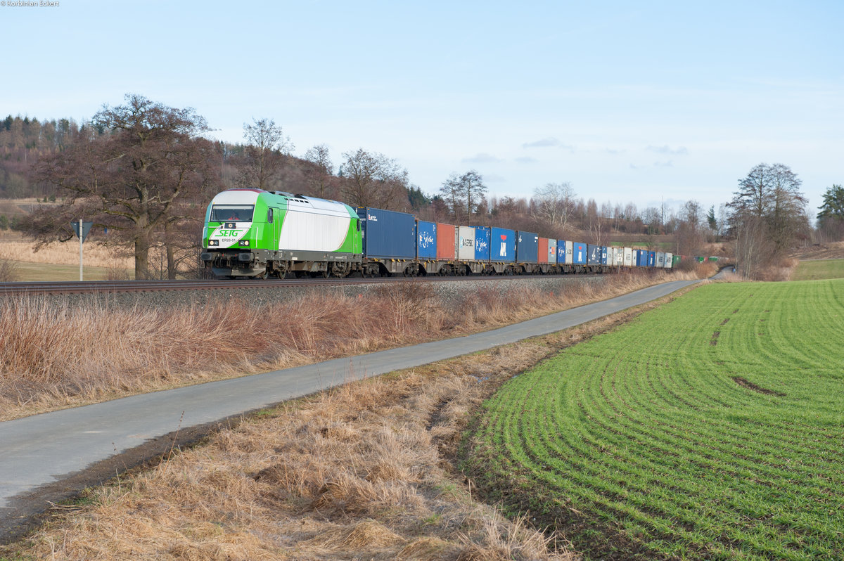 ER20 - 01 (223 102-5) der SETG mit dem Containerzug Wiesau-Hamburg bei Lengenfeld, 25.02.2017