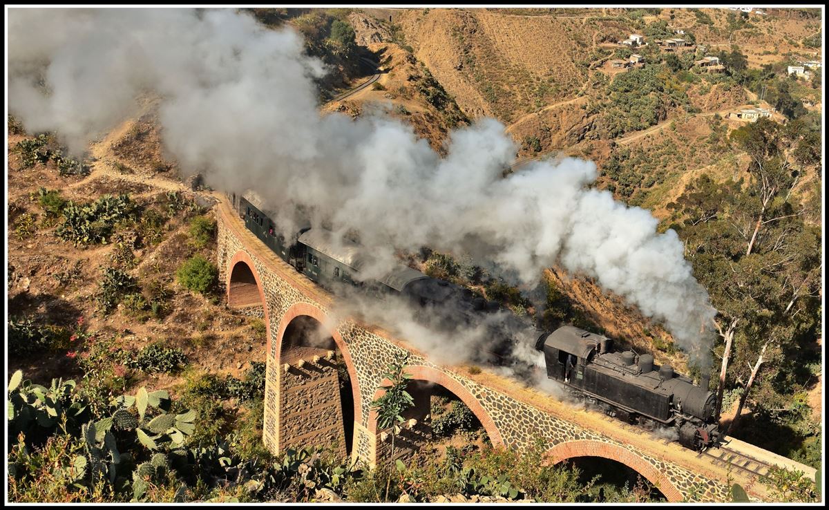 Eritrea Railways steamtrain special mit 442.56 und 442.55 auf der schönsten Steinbogenbrücke oberhalb Shegerini. (18.01.2019)