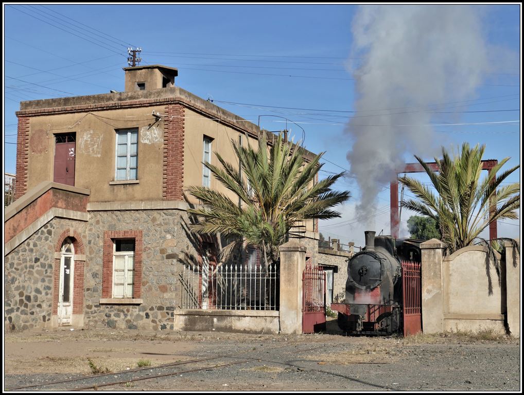 Eritrean Railways Bahnhof Asmara. Das zugewucherte Tor wurde freigelegt, damit 202.008 wieder einmal auf den Bahnhofvorplatz fahren konnte. (18.01.2019)