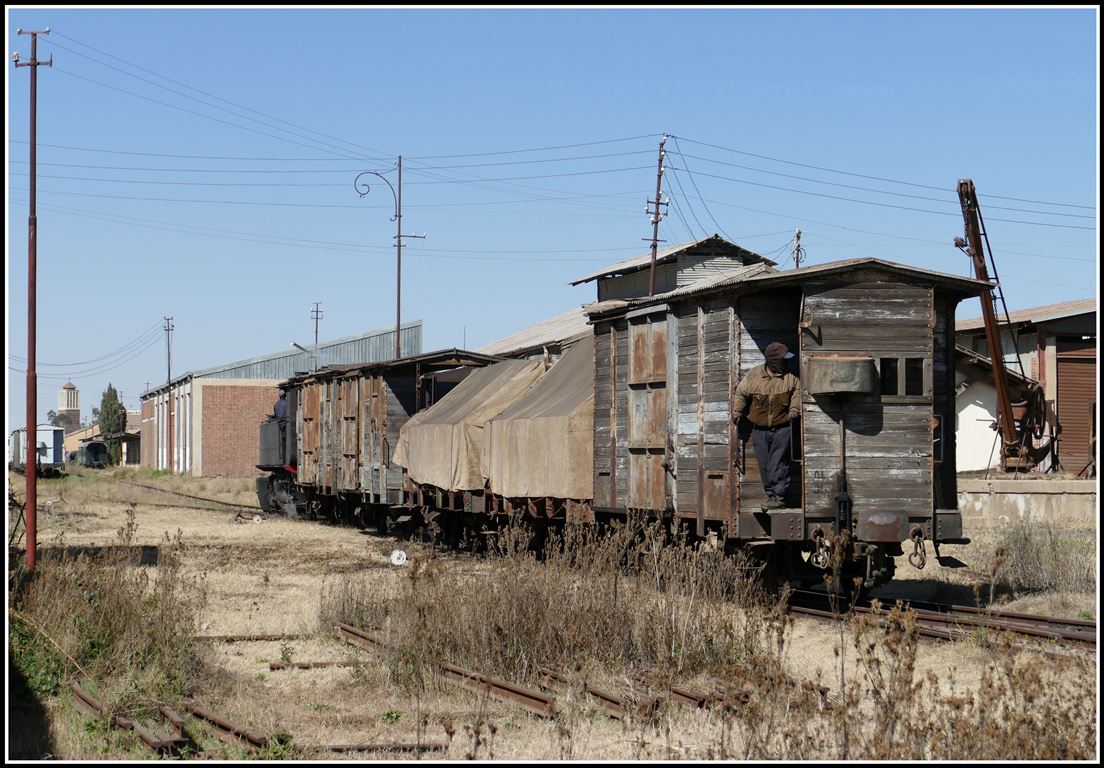 Eritrean Railways steamtrain special mit der kleinen Mallet 440.008 und ihrem Güterzug erreicht Asmara. (19.01.2019)