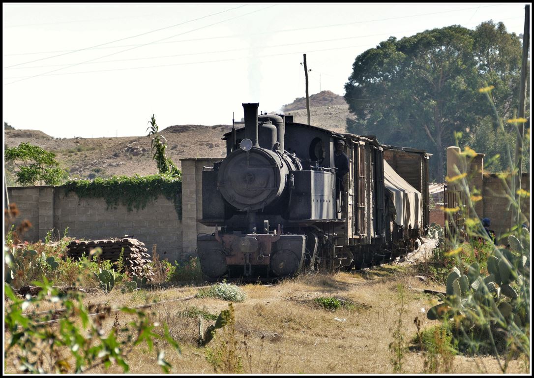Eritrean Railways steamtrain special mit der kleinen Mallet 440.008 und ihrem Güterzug passiert das Eingangstor in Asmara. (19.01.2019)