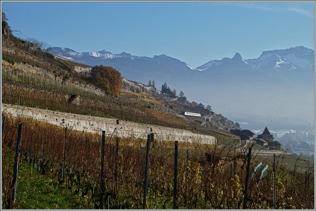 Erst in der Feren sichtbar ist der Domino welcher als S31 12066 von Vevey nach Puidoux Chexbres unterwegs ist. Doch am linken Bildrand zeigt ein Fahrleitungsmast, welchen Höhenunterschied der Zug noch zu überwinden hat.
22. Nov. 2014