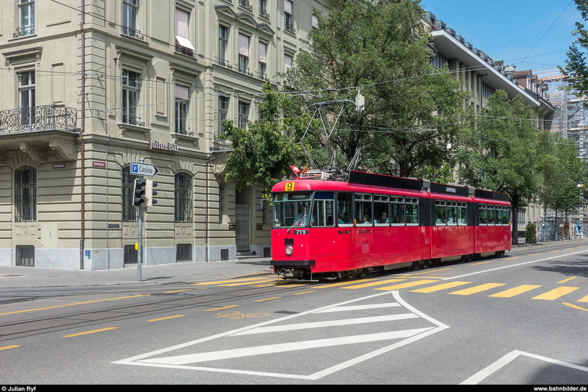 Erster Betriebstag der Stiftung BERNMOBIL historique am 24. Juni 2018. <br>
Be 8/8 719 in der Bundesgasse.
