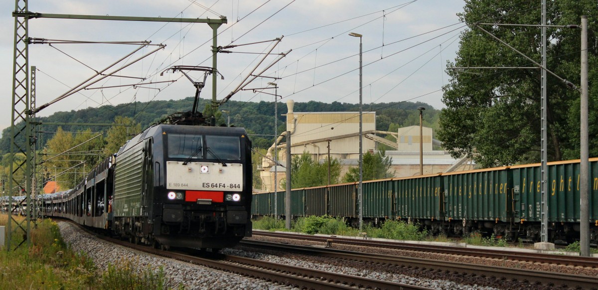 ES 64 F4-844 der MRCE (189 844-4) am 19.06.14 mit einem Autotransportzug in Richtung Naumburg.
