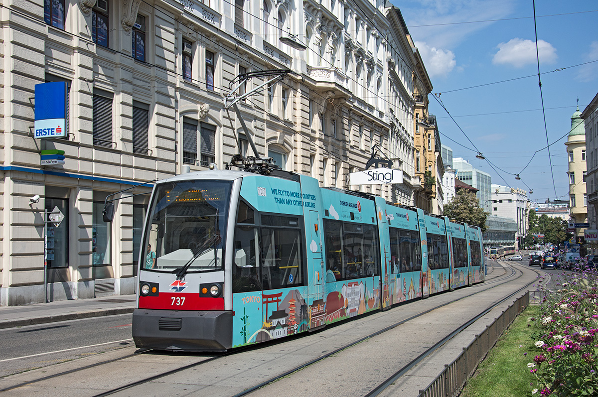 Es gibt auch einen weiteren Werbewagen von Turkish Airlines in Wien seit einiger Zeit und neben ULF B1 732 gibt es auch den ULF B1 737 aber in der Farbe Hellblau,   wie hier zu sehen auf der Linie 1 in der Wiedner Hauptstrase kurz vor der Haltestelle Paulanergasse, 09.08.2016. 