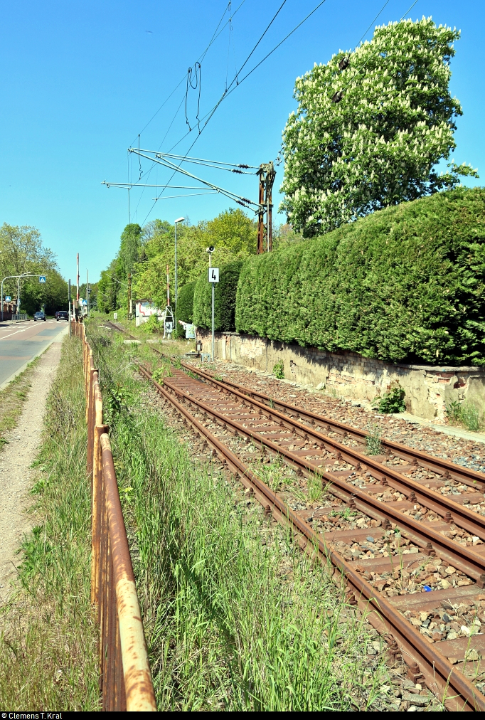 Es war einmal: S-Bahn-Strecke zwischen Halle-Nietleben und -Dölau.

Blick auf das Gleis der Bahnstrecke Halle Klaustor–Hettstedt (6800), auch als Halle-Hettstedter Eisenbahn (HHE) bekannt, das hier vom Bahnhof Halle-Nietleben aus einzweigt. Auf einer Länge von rund 2,5 Kilometern verläuft es nun parallel zur Heidestraße bzw. Salzmünder Straße.
Bis zum 31.7.2002 fuhr hier noch die heutige S7 von bzw. nach Halle-Trotha. Seit mehreren Jahren gibt es Diskussionen zur Reaktivierung des Teilstücks zum Dölauer Heidebahnhof, an denen sich auch die Freunde der Halle-Hettstedter-Eisenbahn e.V. rege beteiligen. Auch der Umbau zum Radweg steht im Raum.
[7.5.2020 | 13:24 Uhr]