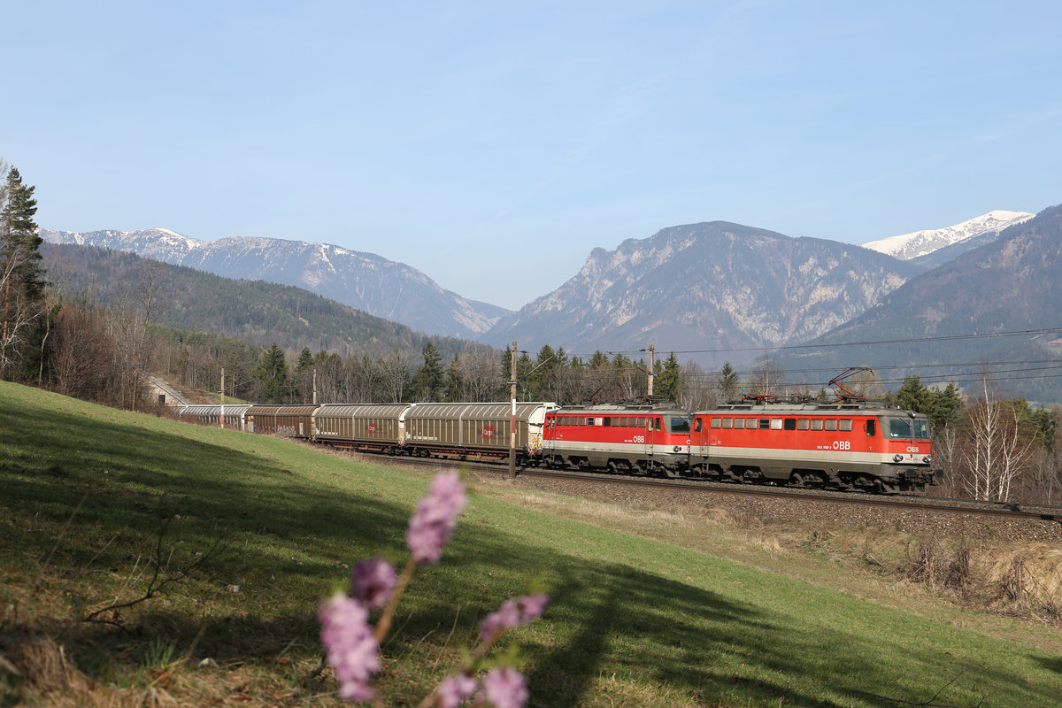Es wird schön langsam Frühling am Semmering,wie man hier bei G-46735 mit 1142.658+618 am Eichberg sieht. 25.3.17