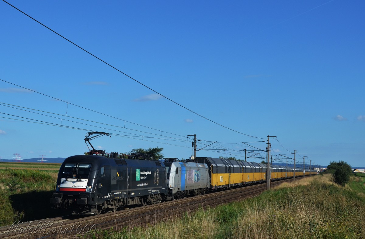 ES64U2 073 und 185 680 mit dem GAG 41184. Aufgenommen am 17.8.2014 bei Gramatneusiedl