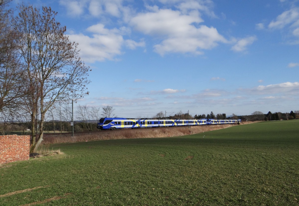 ET 325 und ET 310 hatten am 23.02.14 eine Testfahrt von Regensburg nach Hof.
Hier zusehen an der Schöpsdrehe bei Plauen/V.