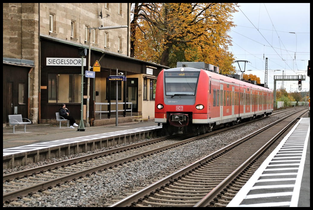 ET 425649-1 nach Neustadt an der Aisch fährt hier am 29.10.2023 um 17.01 Uhr aus Nürnberg kommend in den Bahnhof Siegelsdorf ein.