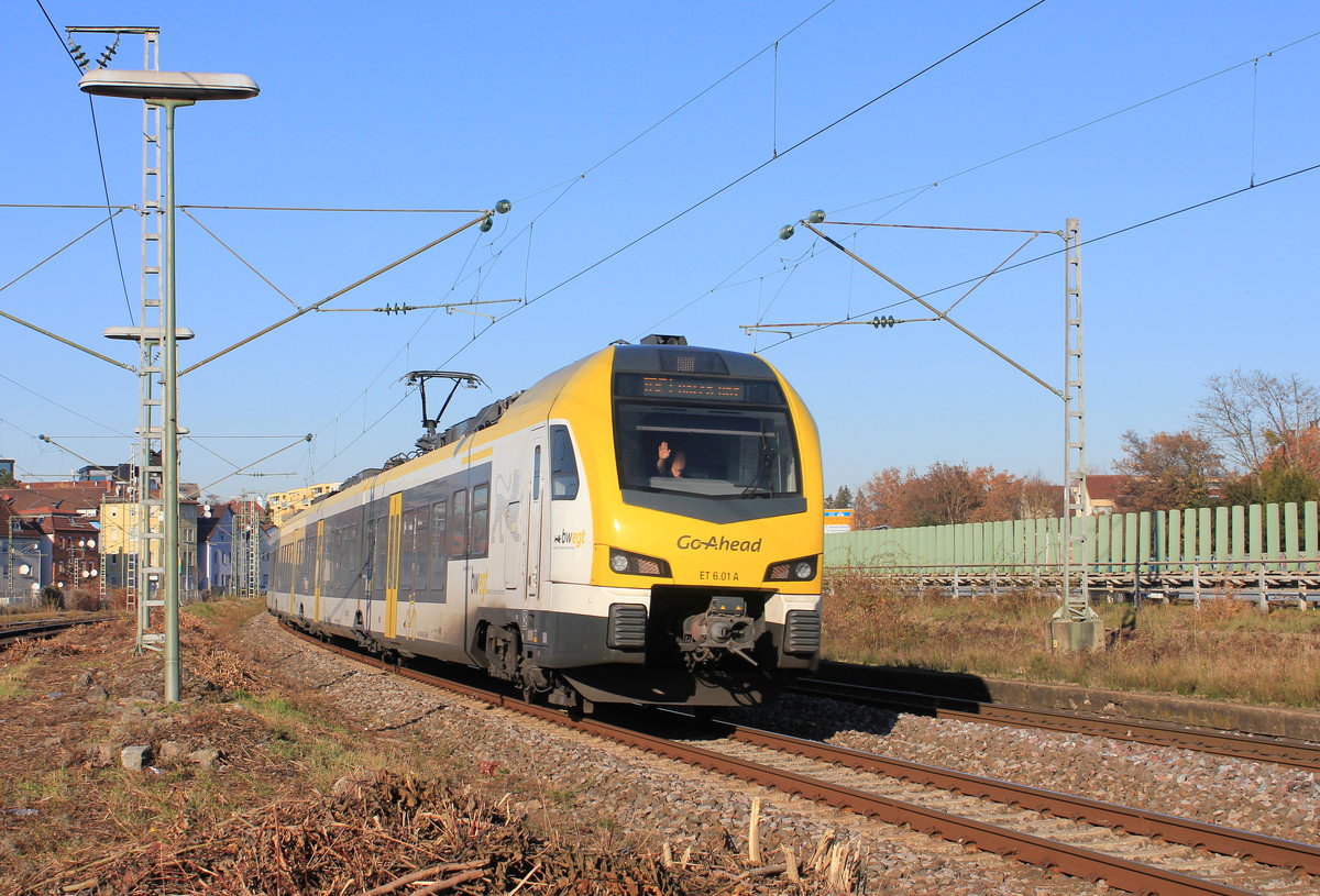 ET 6.01 A als IRE 1 Karlsruhe-Stuttgart am 26.11.2020 in Stuttgart-Zuffenhausen. 