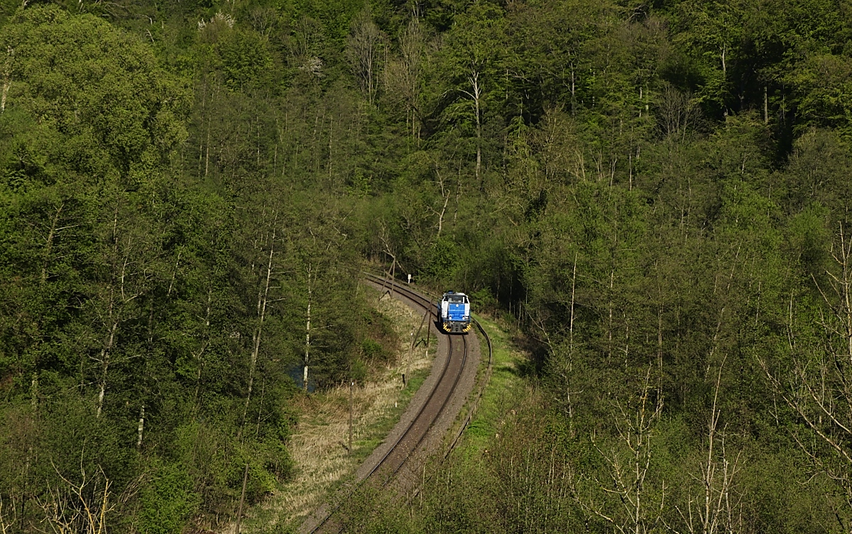 Etwas etwas verloren wirkt die Railflex-Lok 7 im dicht bewaldeten Angertal, als sie am 22.04.2020 in der Nähe der Auermühle als Lz aus Rohdenhaus kommend in Richtung Ratingen fährt