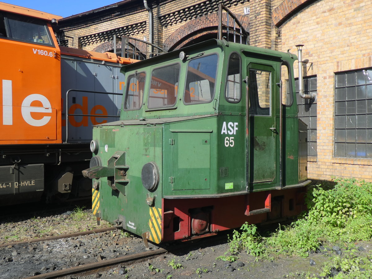 Etwas unscheinbar und abseits- aber früher in vielen Bw's und Industriebetrieben unverzichtbar- das Akkuschleppfahrzeug (ASF). Entwickelt  bei LEW Hennigsdorf als El16 und gebautzwischen 1966 und 1990.Kurz, kompakt und leicht zu bedienen sind etliche heute noch im Einsatz. Auch für ASF 65 gab über die tage des Eisenbahnfestes allerhand zu tun. Berlin, Eisenbahnfest im ex Bw. Schöneweide, 22.9.2019.