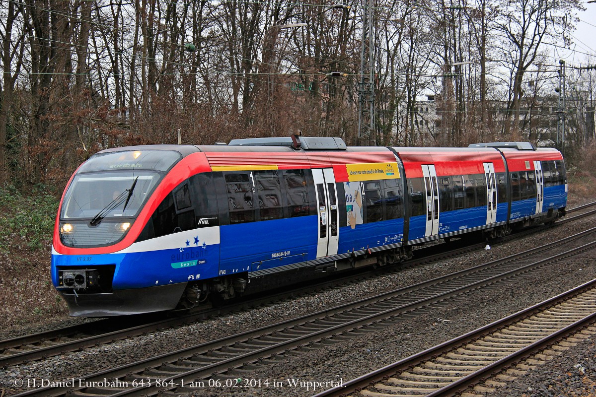 Eurobahn 643 864-1 VT 3.07 als Leerfahrt am 06.02.2014 in Wuppertal Elberfeld.