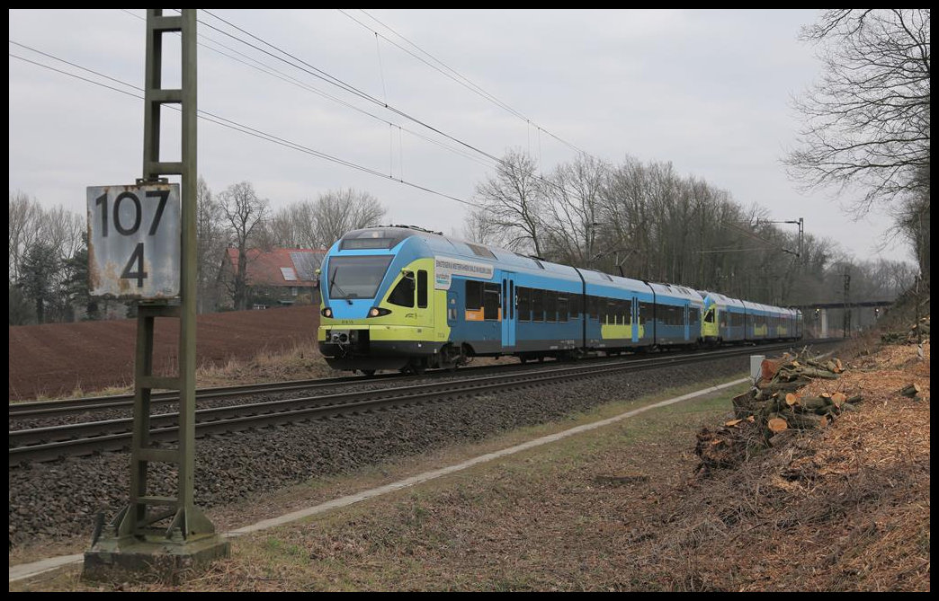 Eurobahn ET 8.13 hat gerade den Bahnhof Hasbergen verlassen und ist am 2.3.2019 um 10.25 Uhr auf der Fahrt nach Münster HBF.