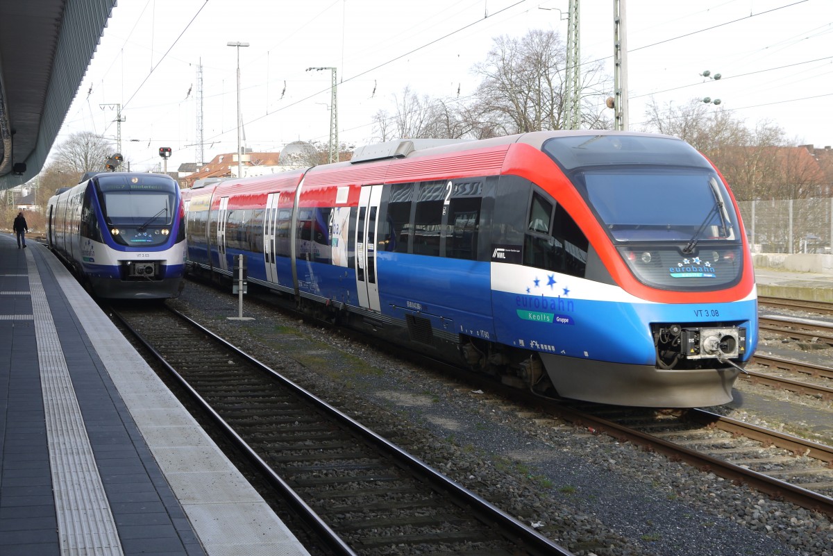 Eurobahn-VT 3.03 (643 126, ex NWB-VT 722) und VT 308 (643 368, ex PEG 643.12) in Münster Hbf am 24.2.14. In Kürze machen sie die nächste Hart auf der RB 67 gemeinsam.