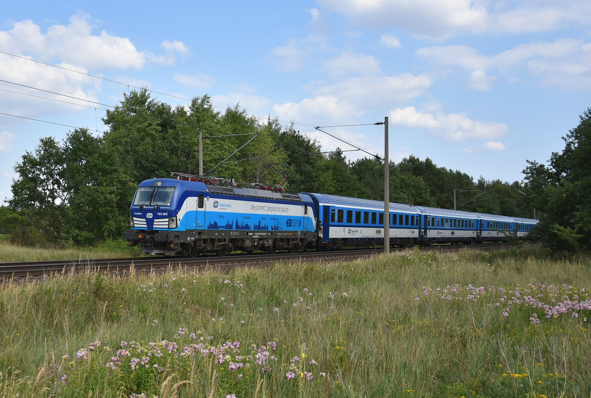 Eurocity mit der 193 293-8 der České dráhy (CD) in Front, kurz vor der Einfahrt in den Bahnhof Büchen. 3km östlich von Büchen, 19.07.2018.