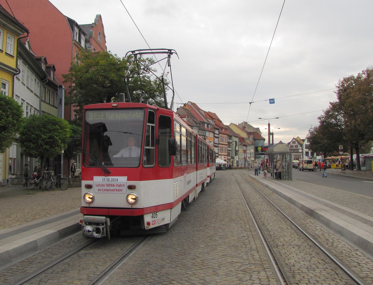 EVAG  405 + 495 als Linie 3 (Urbicher Kreuz - Europaplatz), am 17.10.2014 am Domplatz. An dem Tag verkehrten die Erfurter Tatrawagen letztmalig im Linienverkehr.