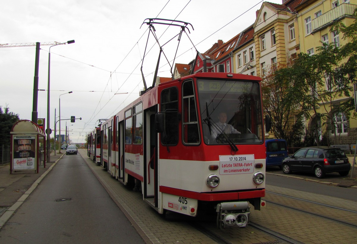 EVAG 405 + 495 am 17.10.2014, dem letzten Tag der Tatrawagen im Erfurter Linienverkehr, als Linie 3 (Klinikum - Urbicher Kreuz) an der Haltestelle Baumerstraße.