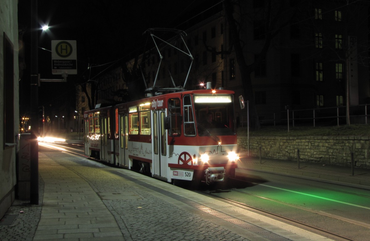 EVAG 520 während einer Nachtsonderfahrt der Erfurter Nahverkehrsfreunde, am 16.03.2014 an der Haltestelle Andreaskirche.