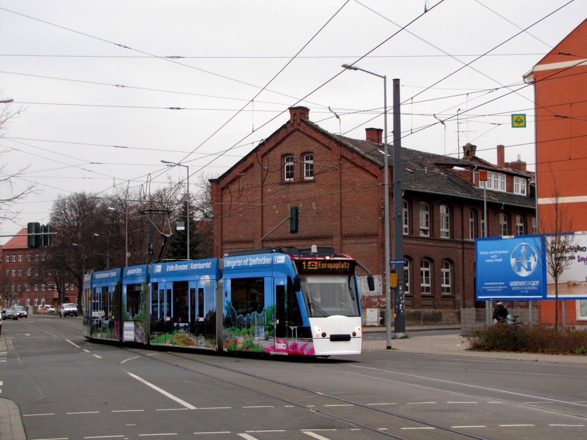 EVAG 625 als Linie 1 (Thüringenhalle - Europaplatz), am 04.12.2013 in der Vollbrachtstraße.
