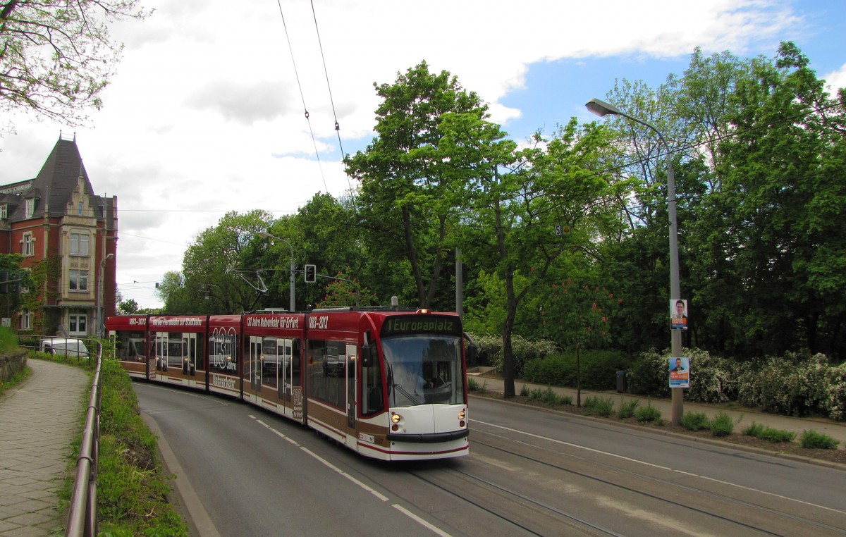 EVAG 637 als Linie 1 (Thüringenhalle - Europaplatz), am 07.05.2014 in der Schillerstraße.