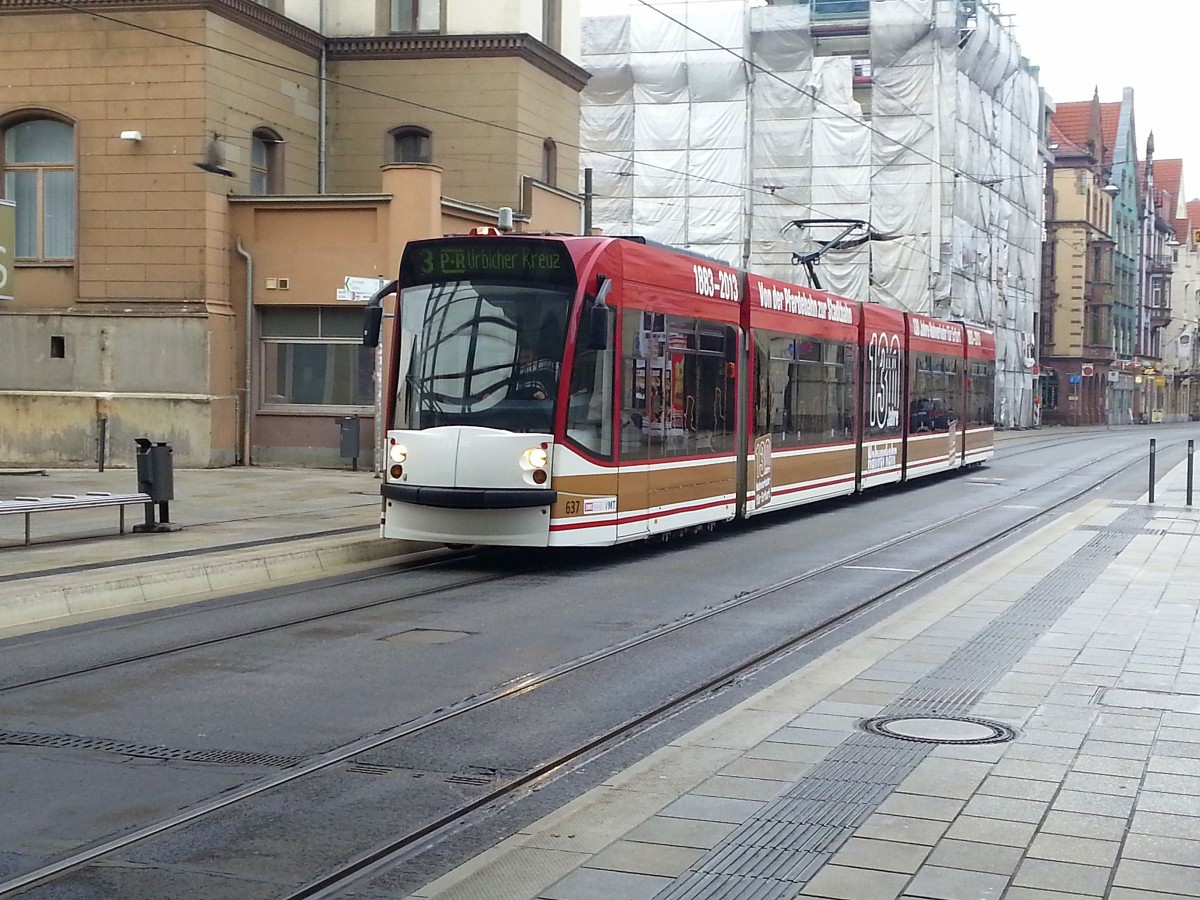 EVAG 637 als Linie 3 Europaplatz Urbicher Kreuz, am 24.11.2013 am Erfurter Hauptbahnhof EVAG 637 als Linie 3 Europaplatz Urbicher Kreuz, am 24.11.2013 am Erfurter Hauptbahnhof