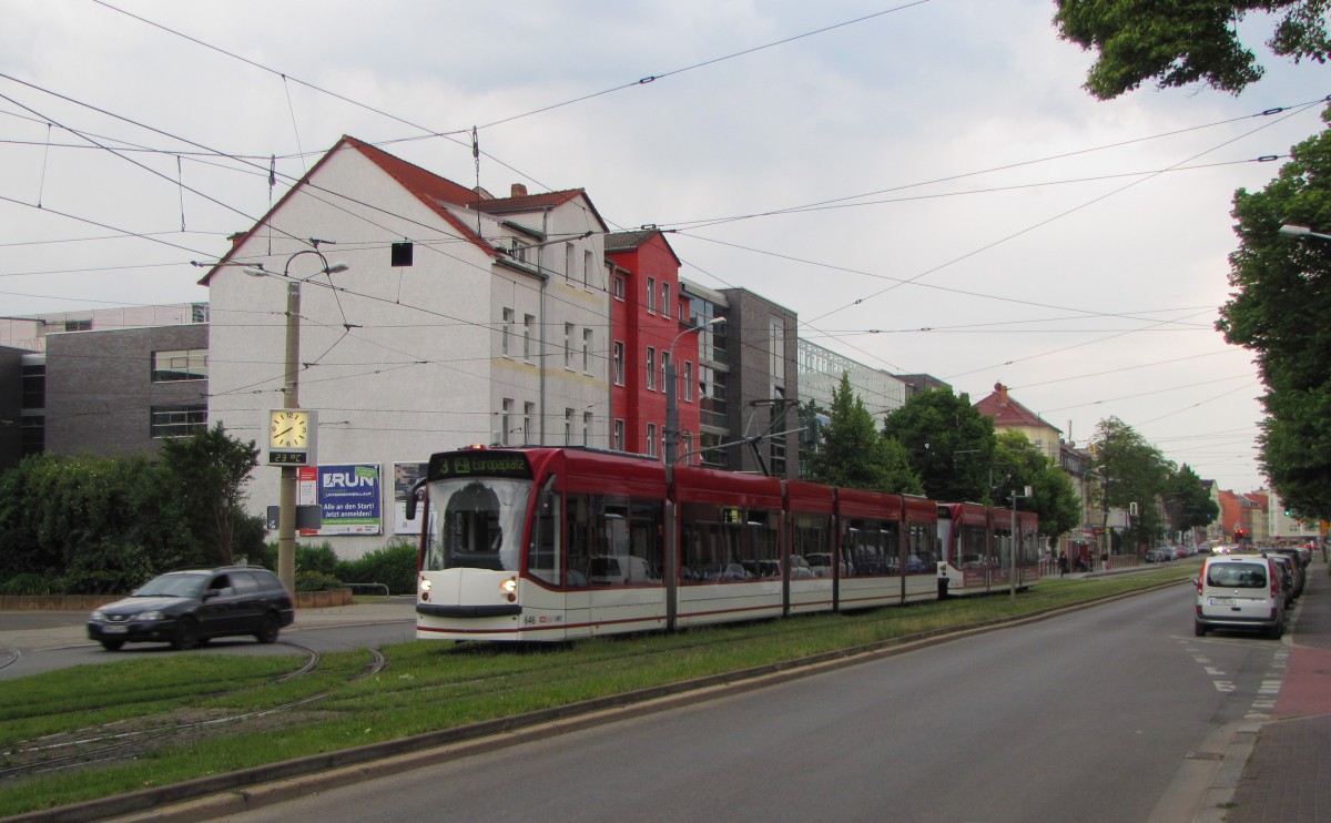 EVAG 646 + 711 als umgeleitete Linie 3 (Urbicher Kreuz - Europaplatz), am 04.06.2014 in der Magdeburger Allee.