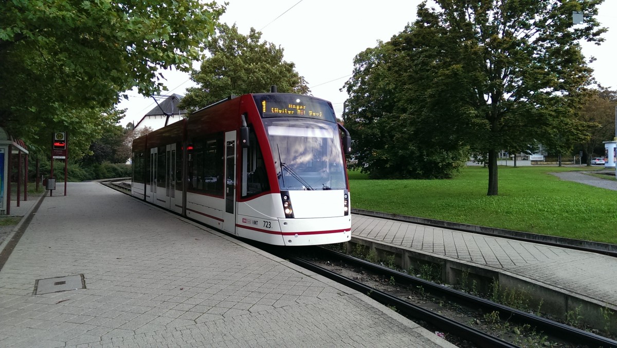EVAG 723 als SEV-Fahrt Line 1 von der Thüringenhalle über Anger weiter zum Domplatz. Aufgenommen am 31.08.2014
