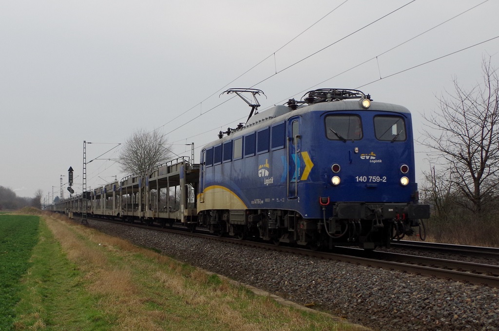 EVB 140 759 mit BLG Autotransportwagenzug am 07.03.2014 in Bremen-Mahndorf gen Hannover. 
