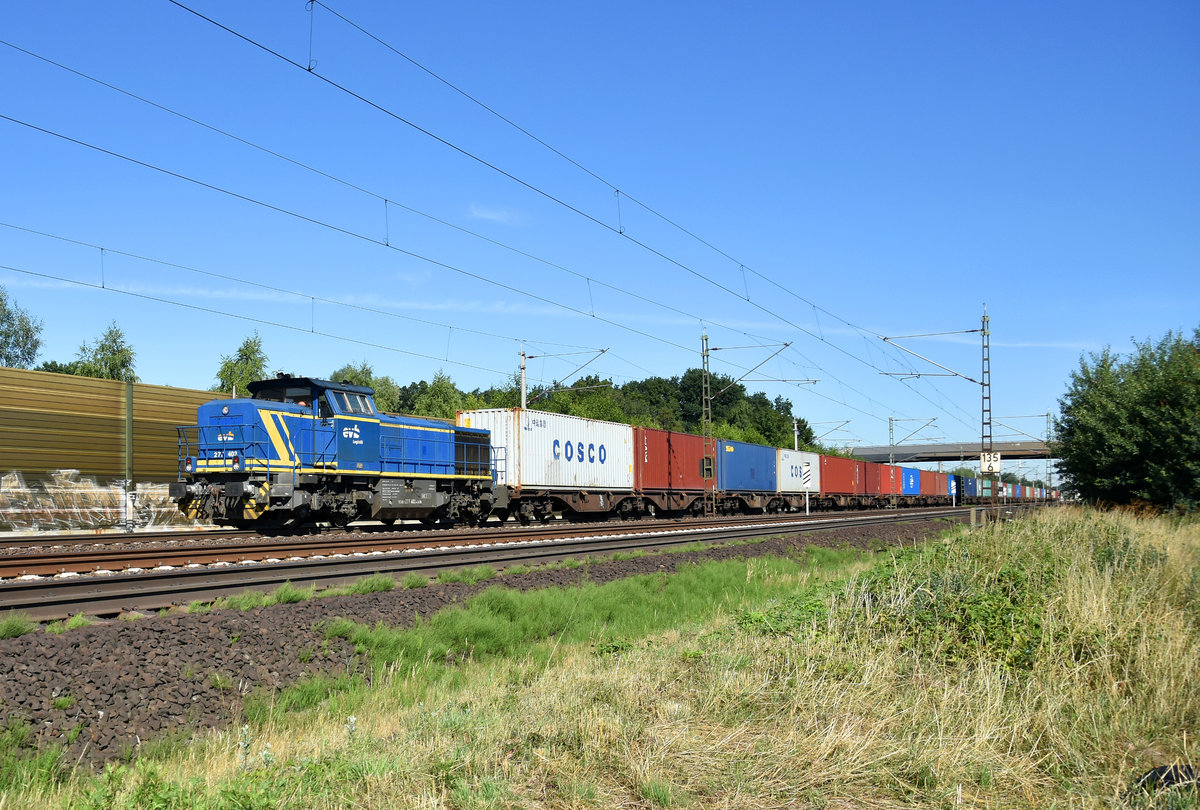evb Logstik kam überraschend mit der 277 402-4 und einem Containerzug, der normalerweise auf der Strecke von E-Loks gezogen wird. Unterwegs in Richtung Lüneburg. Höhe Bardowick, 03.07.2018.