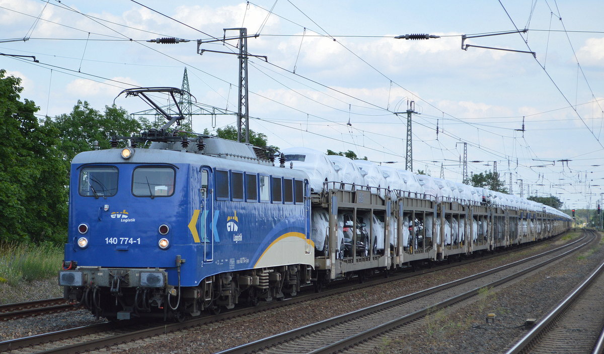 evb mit  140 774-1  (NVR-Nummer: 91 80 6 140 774-1 D-EVB) und PKW-Transportzug am 16.06.20 Bf. Saarmund.