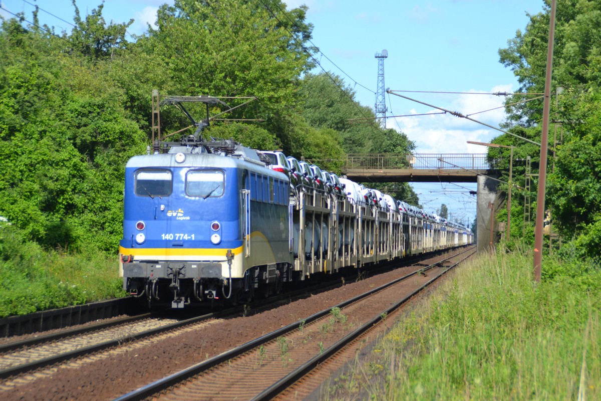 EVB/MWB 140 774-1 fährt am 22.06.2014 mit einem BLG-Autozug aus Lehrte kommend durch Ahlten.