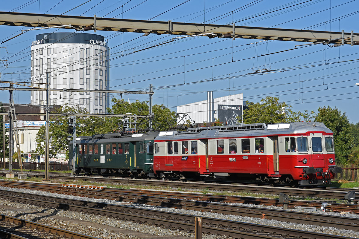 Extrafahrt, mit den Triebwagen BDe 4/4 2 und RBe 4/4 1405, durchfährt den Bahnhof Pratteln. Die Aufnahme stammt vom 21.09.2019.