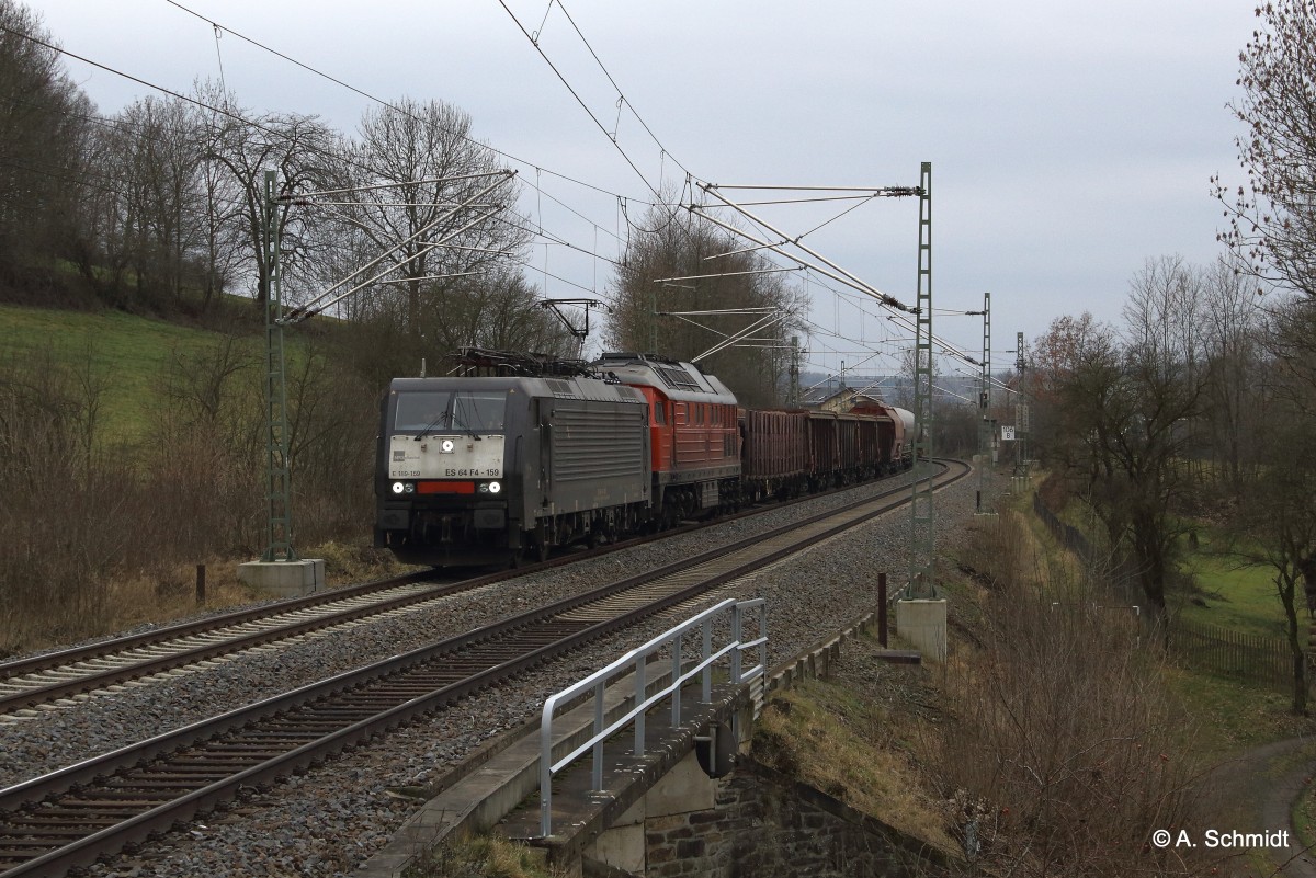 EZ 51715 Nürnberg-Seddin mit 189 159+232 636 kalt, bei Liebau/ Pöhl am 13.02.16 aufgenommen. 