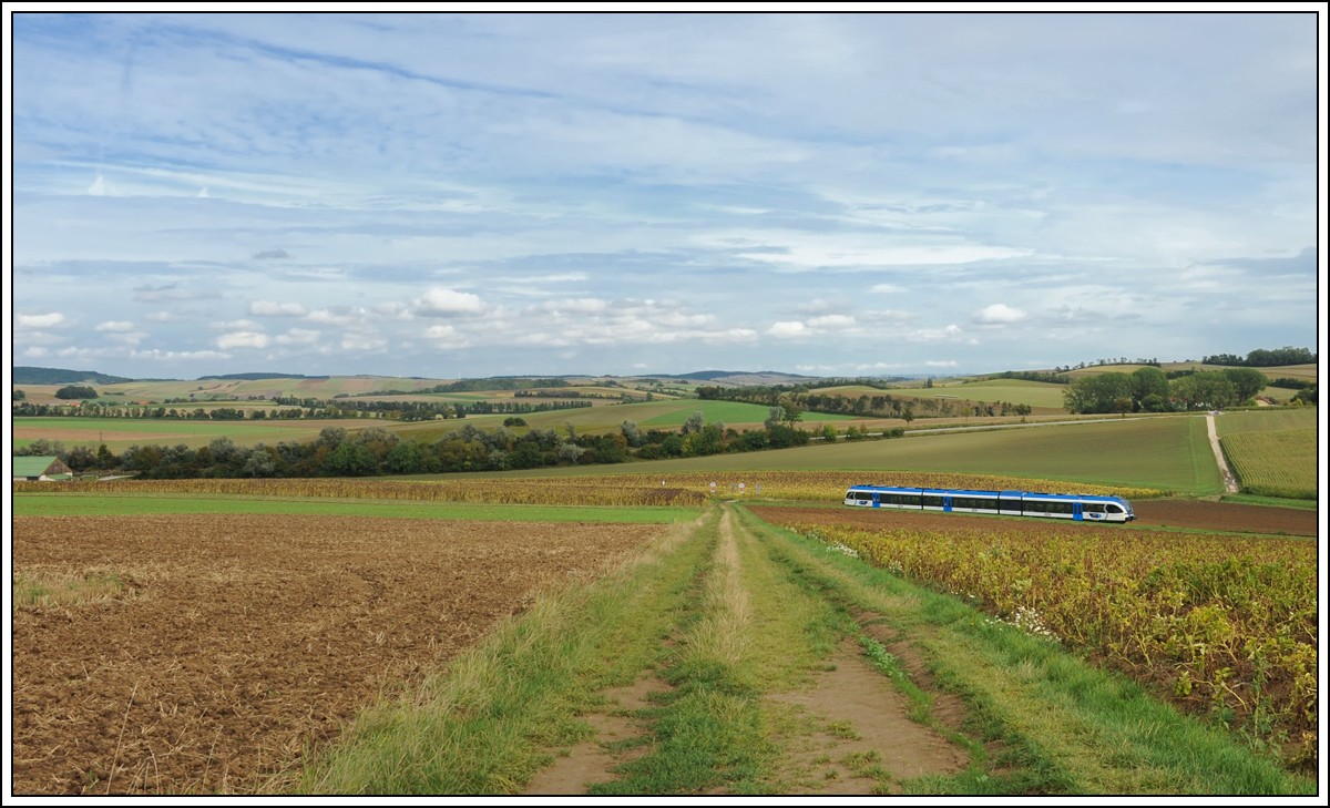 EZ 7386 von Korneuburg nach Ernstbrunn, am 15.9.2013 anlsslich des Regionalbahntages in Ernstbrunn mit GKB 5063 008 traktioniert, aufgenommen in den Weiten des Weinviertels kurz vor Ernstbrunn.

