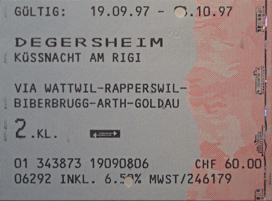 Fahrkarte von 1997 zwischen Degersheim (damals noch -bis 2000- Bodensee-Toggenburg-Bahn BT) und Küssnacht am Rigi (ab wo zum 150 Jahr Jubiläum der Schweizer Bahnen Dampfzüge nach Luzern fuhren). Dies ging als durchgehende Fahrt mit dem Voralpenexpress. Der Preis für die Fahrkarte betrug auch damals schon 60 Franken.

1997-09-19