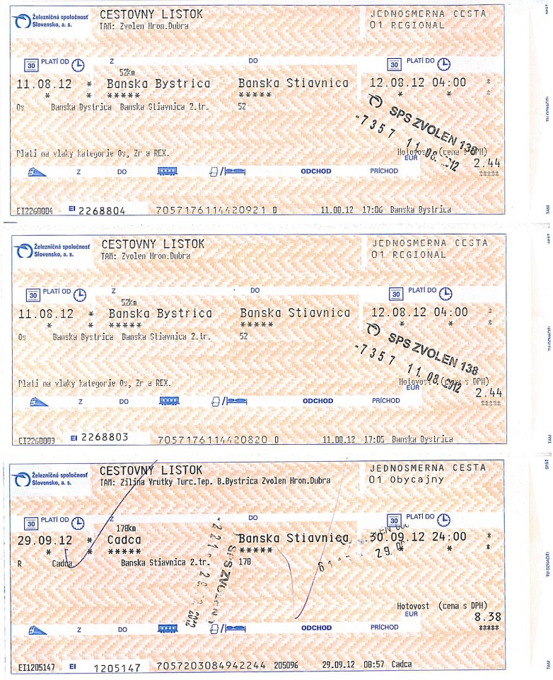 Fahrkarten in Richtung Bansk tiavnica/Schemnitz, Hoch- und Sptsommer 2012