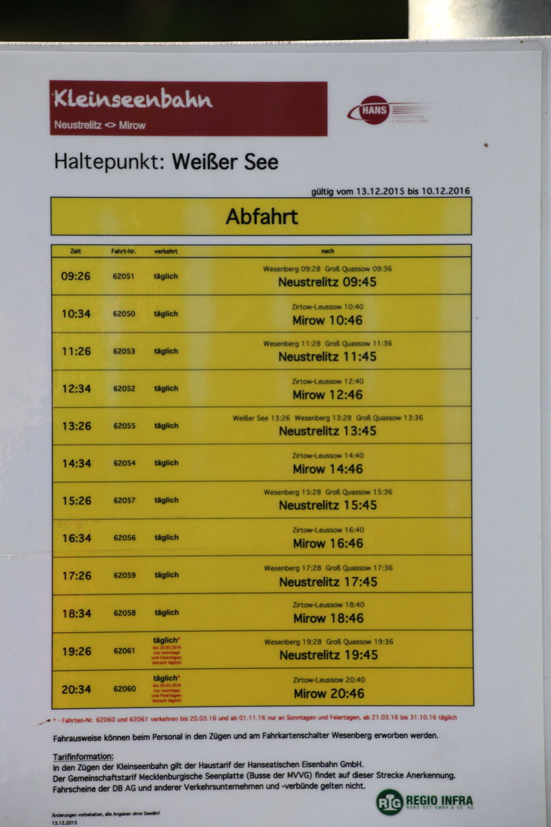 Fahrplan der Kleinseenbahn am Haltepunkt Weißer See in Wesenberg. 11.05.2016 18:33 Uhr.