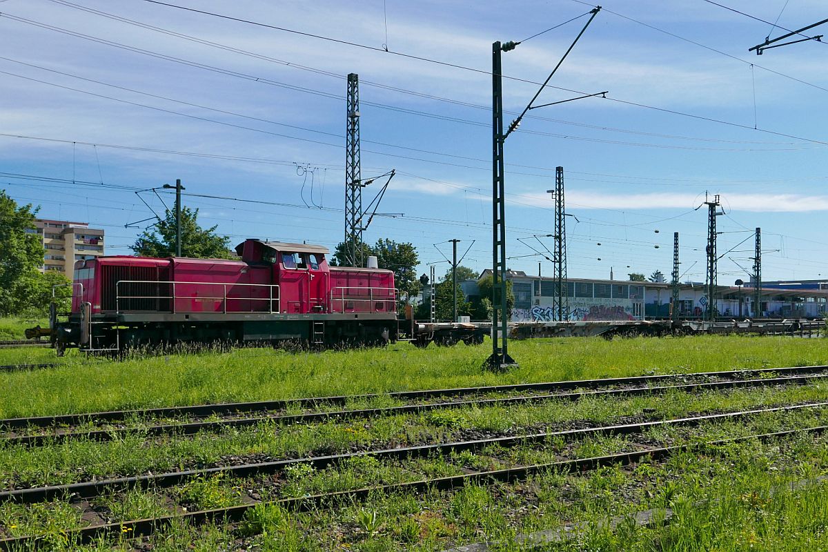 Fahrt durchs Grüne - Im Bahnhof von Singen (Hohentwiel) schiebt 294 586-3 Container-Tragwagen in Richtung Terminal (12.06.2020).