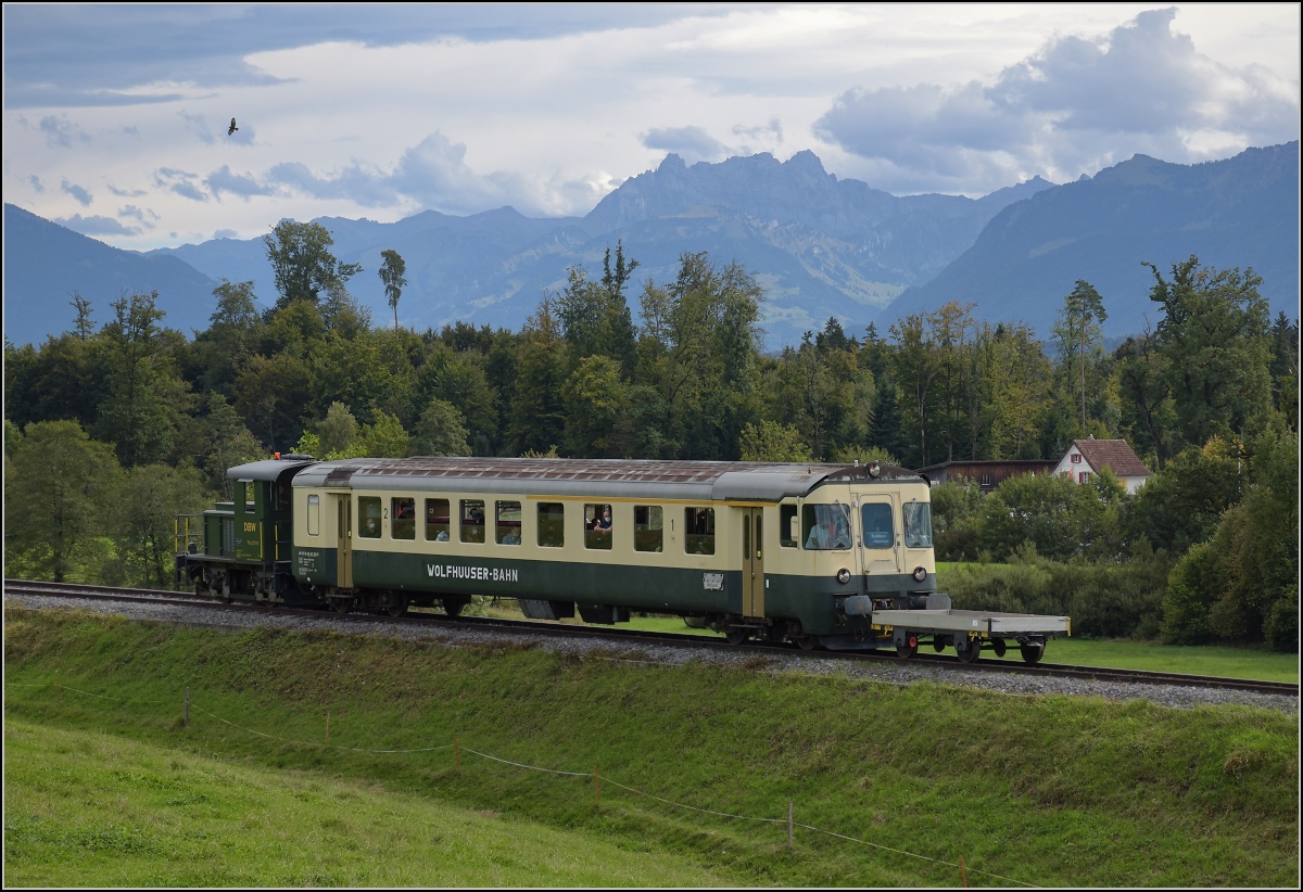 Fahrtag Wolfhuuser Bahn, die akut existenzbedrohte Museumsbahn.

Tm 2/2 111 beim Gehöft Büel am Ortsende Bubikon. Oktober 2021.
