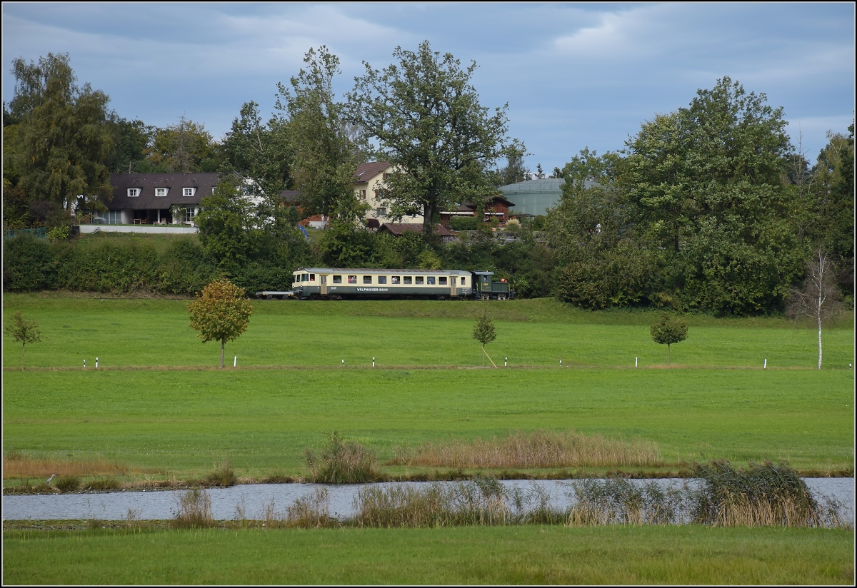 Fahrtag Wolfhuuser Bahn, die akut existenzbedrohte Museumsbahn.

Vorbeifahrt Tm 2/2 111 am Egelsee. Grundtal, Oktober 2021.