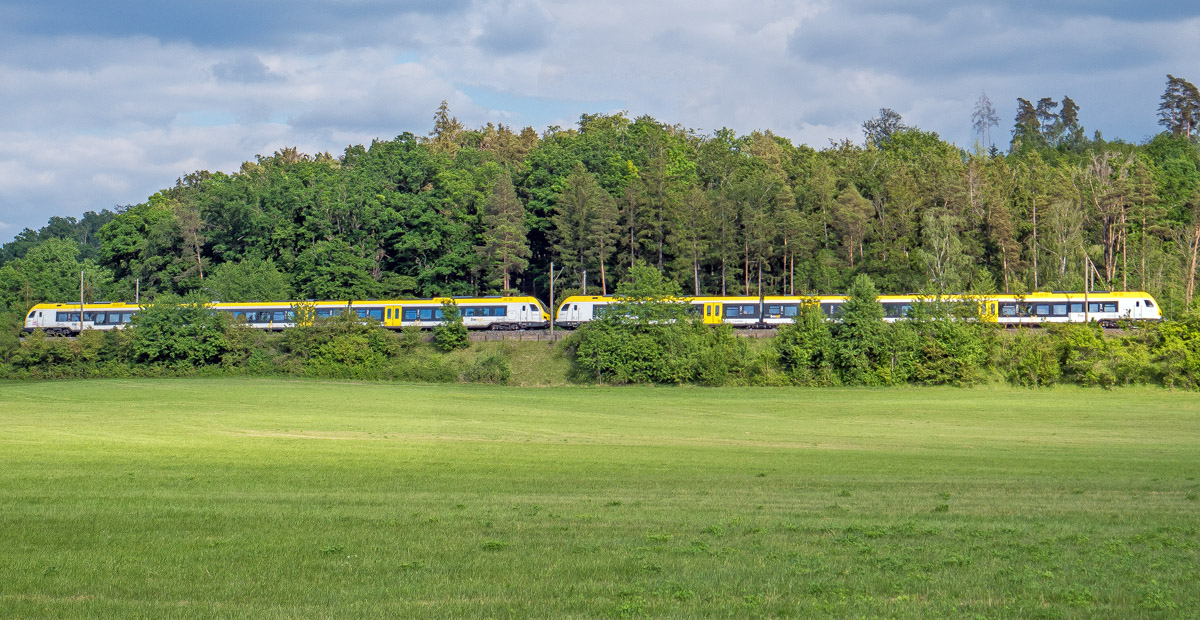Farbenspiel mit GoAhead-RE von Nürnberg nach Stuttgart am Waldrand westlich von Birkelbach, 29.5.20. 